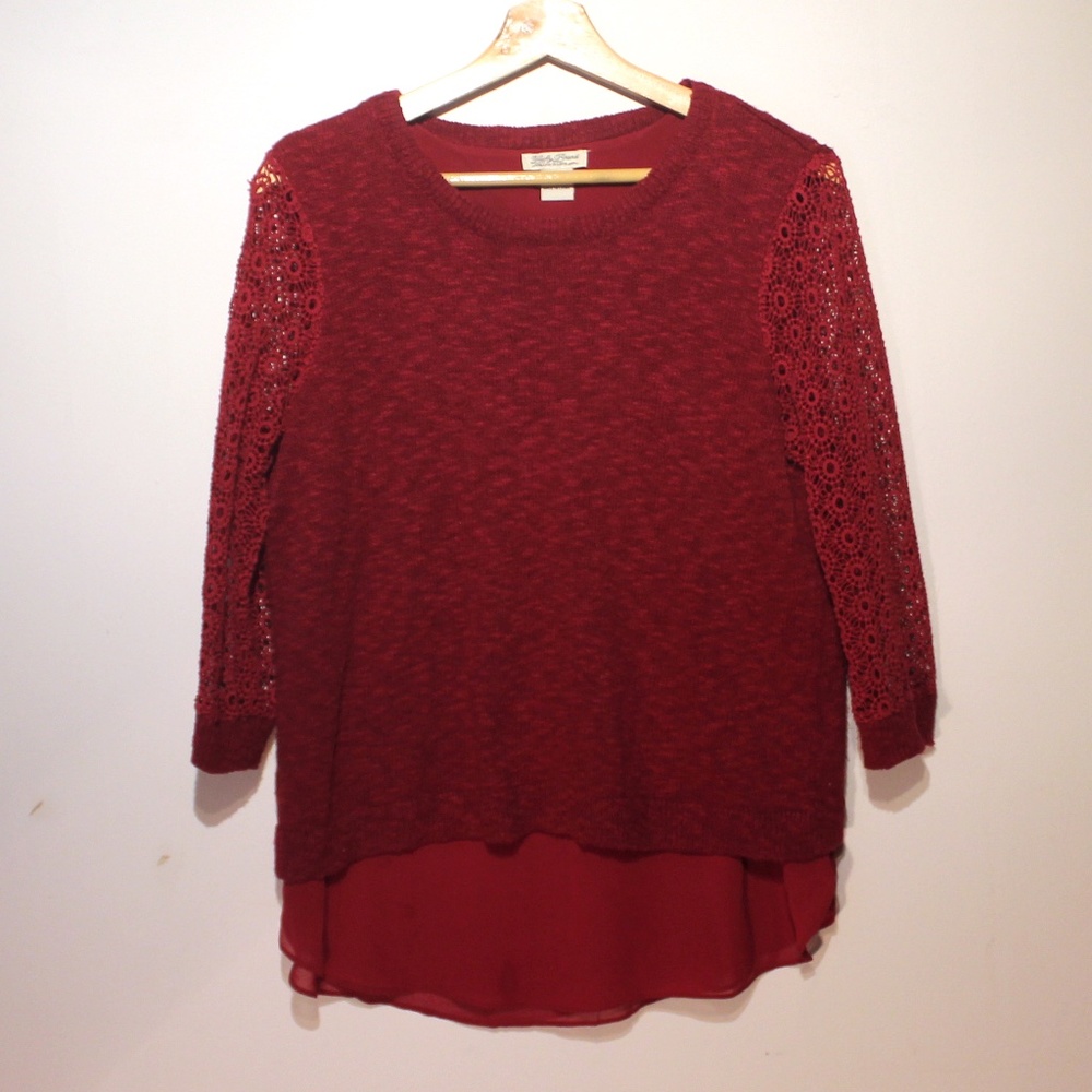 Lucky Brand Red Sweater, crochet sleeves